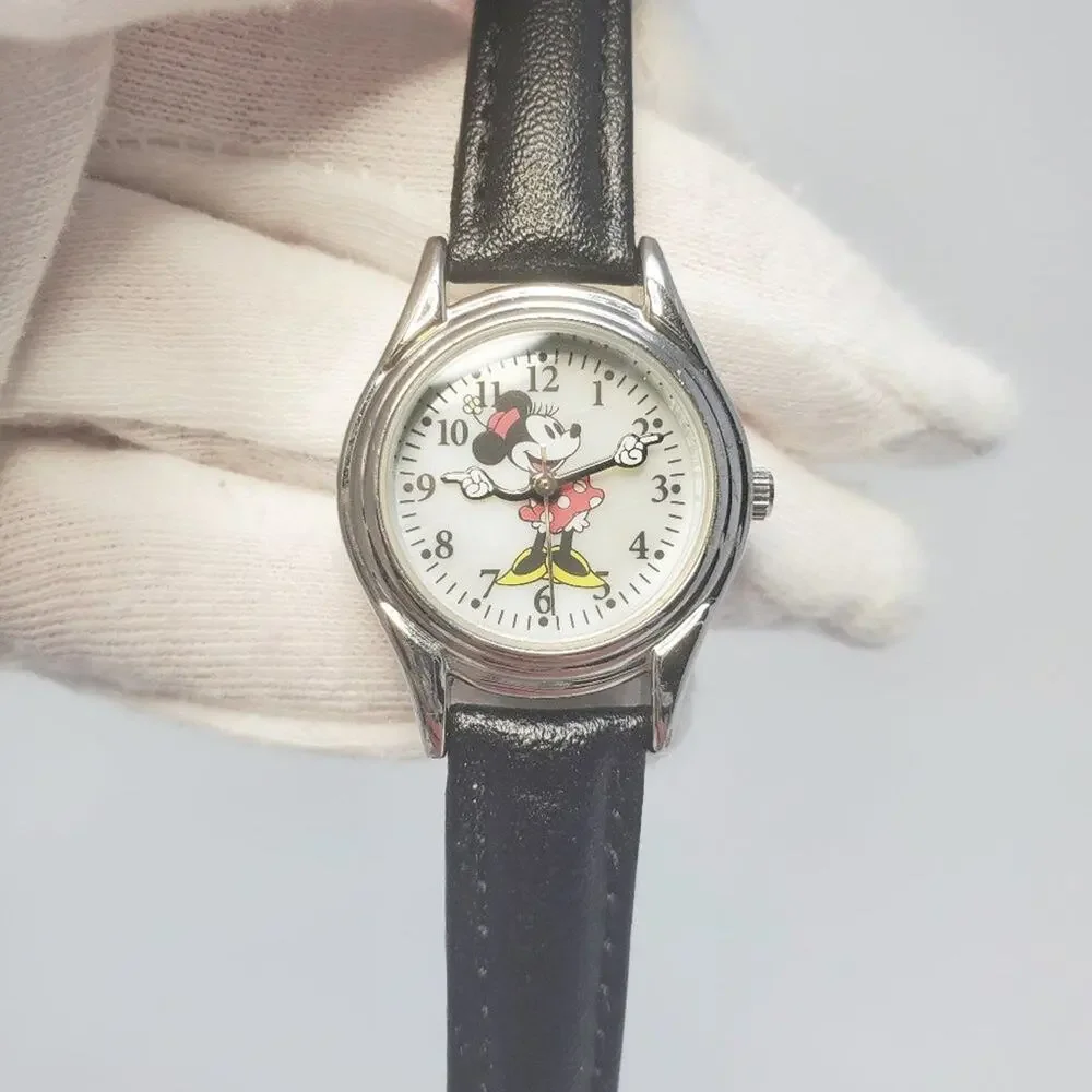 Disney Minnie Mouse Watch with Black Leather-Like Band